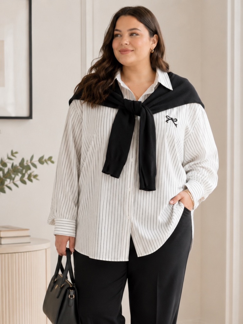 Basic Striped Button-Down Shirt with Accent Plus size Staple Capsule Wardrobe